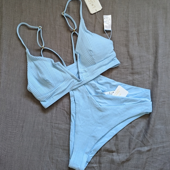 L*Space Siren Top Court Bottoms Bikini Set Pointelle Ribbed Sky Blue - Picture 3 of 10